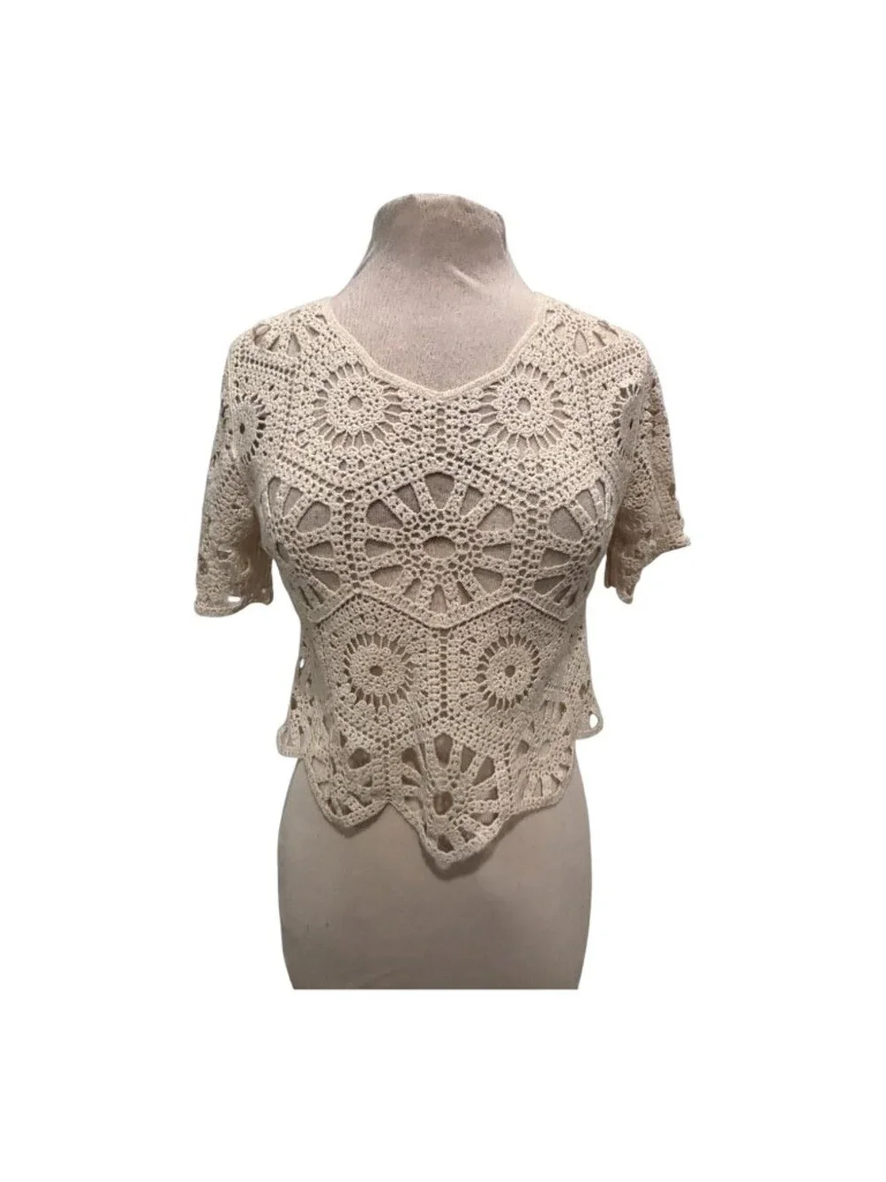 Rebellion Again Crochet Lace Top Cream 100% Cotton Boho Festival Scalloped Hem S - Picture 2 of 10